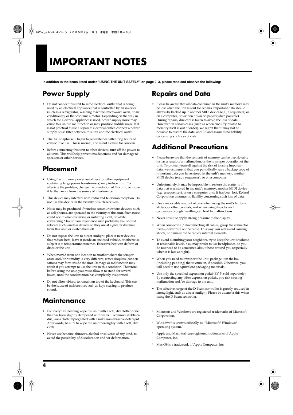 Important notes, Power supply, Placement | Maintenance, Repairs and data, Additional precautions | Roland GW-7 User Manual | Page 4 / 48
