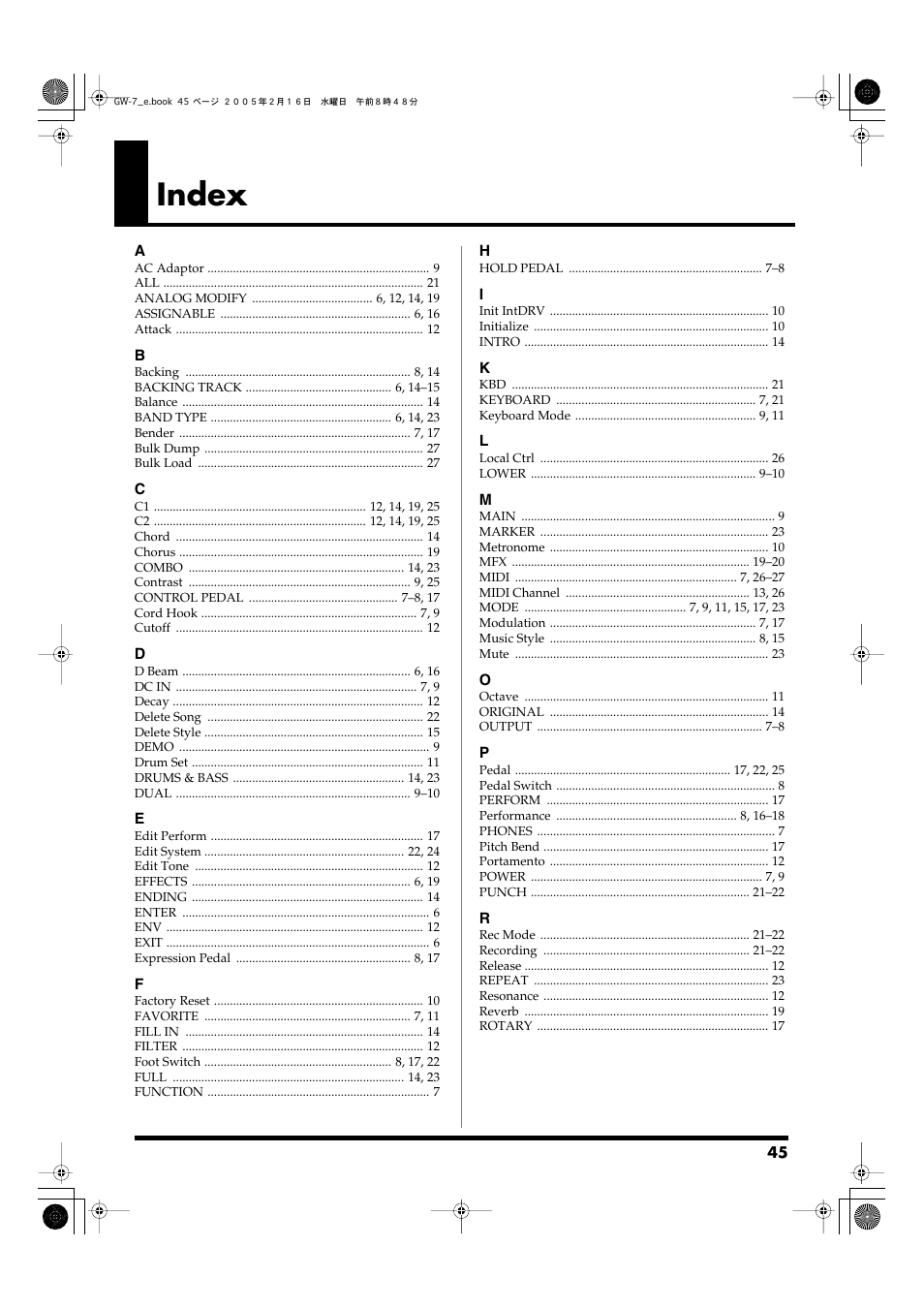 Index | Roland GW-7 User Manual | Page 45 / 48