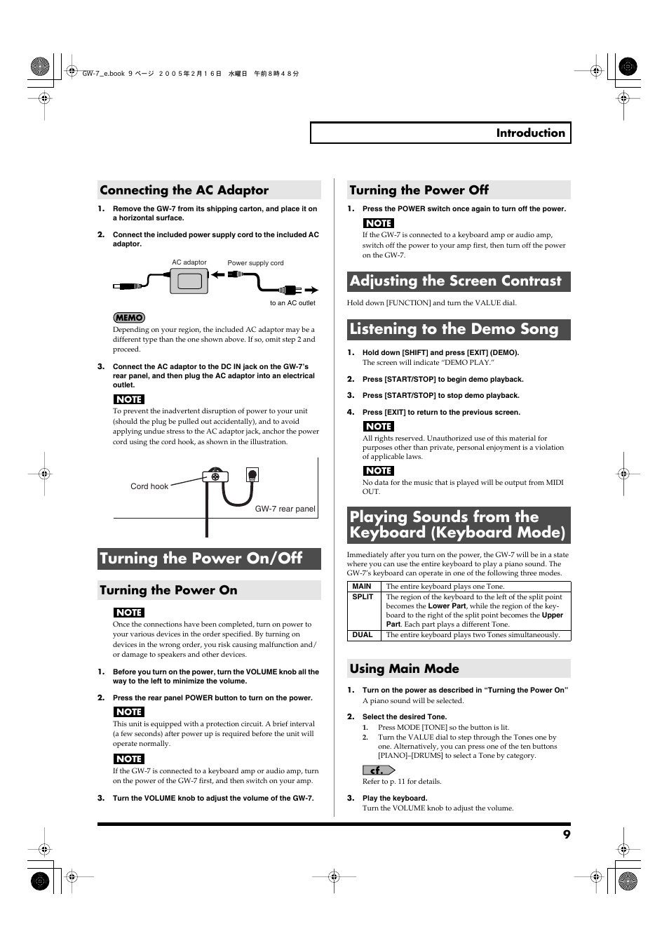 Connecting the ac adaptor, Turning the power on/off, Turning the power on | Turning the power off, Adjusting the screen contrast, Listening to the demo song, Playing sounds from the keyboard (keyboard mode), Using main mode, Turning the power on turning the power off, Exit]. (p. 9) | Roland GW-7 User Manual | Page 9 / 48