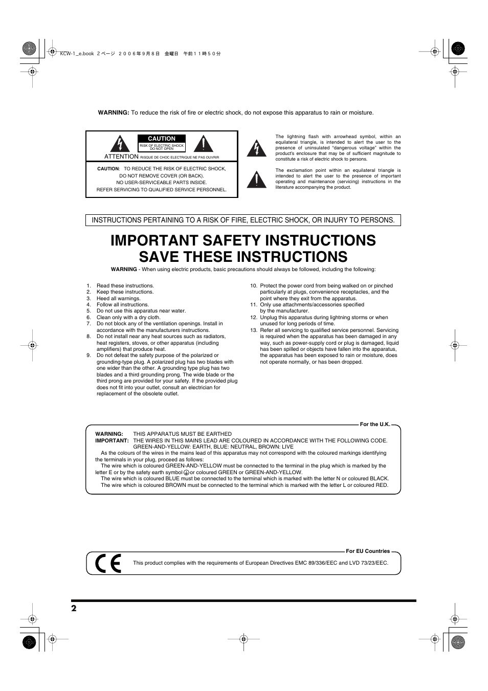 Important safety instructions | Roland KCW-1 User Manual | Page 2 / 12