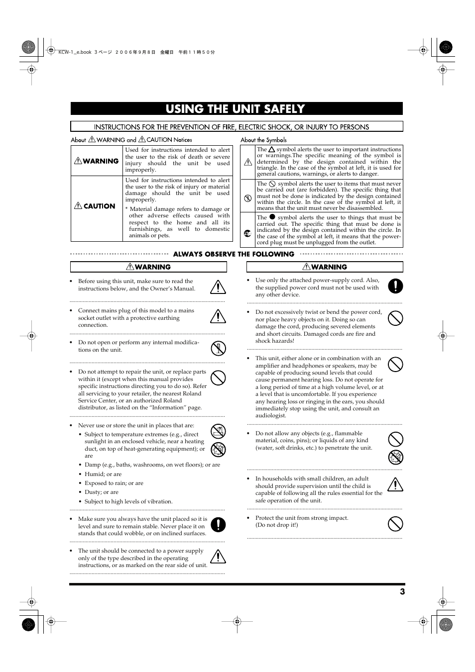 Using the unit safely | Roland KCW-1 User Manual | Page 3 / 12