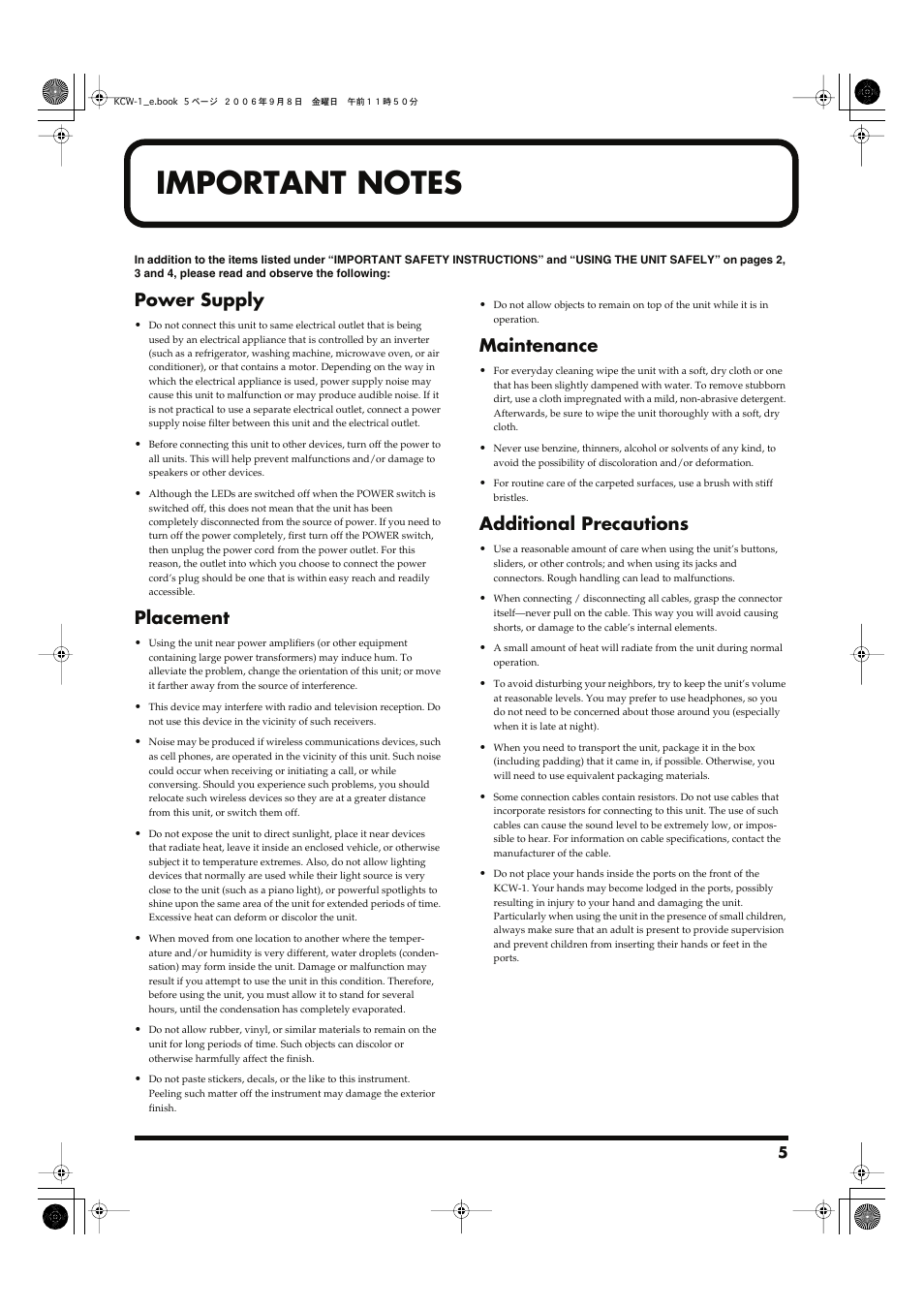 Important notes, Power supply, Placement | Maintenance, Additional precautions | Roland KCW-1 User Manual | Page 5 / 12