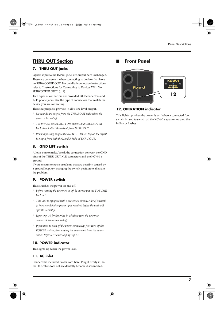 Front panel | Roland KCW-1 User Manual | Page 7 / 12