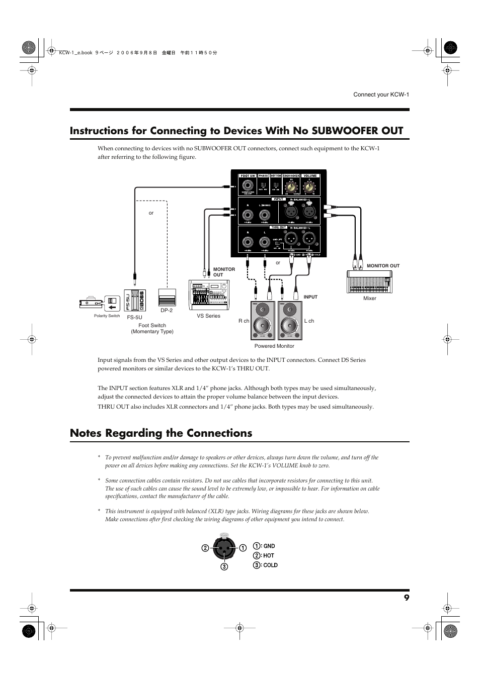 Notes regarding the connections | Roland KCW-1 User Manual | Page 9 / 12