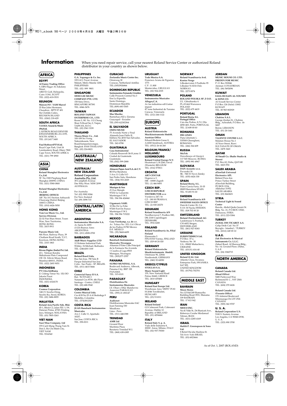 Information | Roland RG-1 User Manual | Page 100 / 104