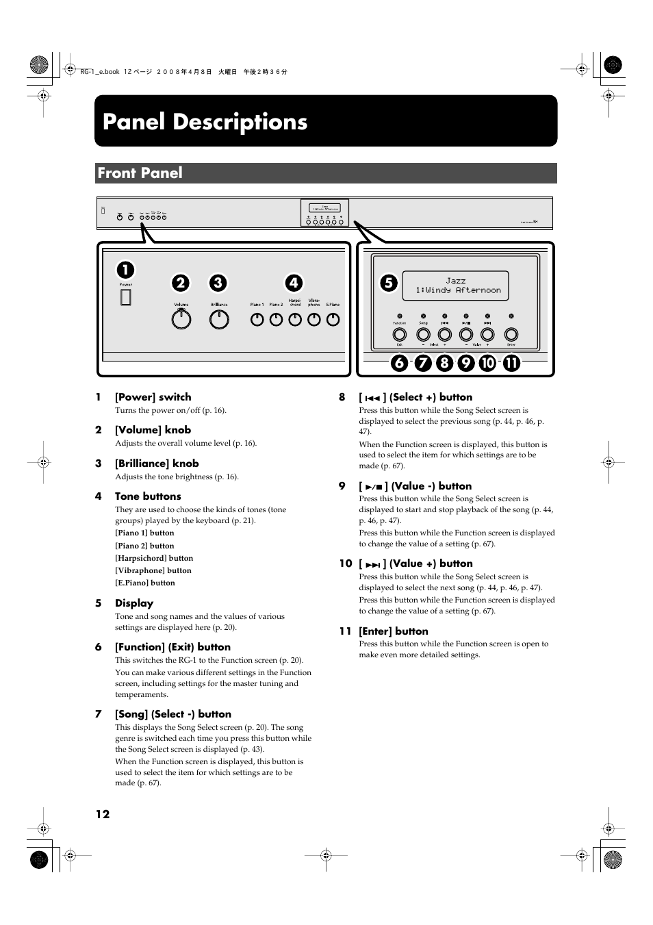 Panel descriptions, Front panel | Roland RG-1 User Manual | Page 14 / 104