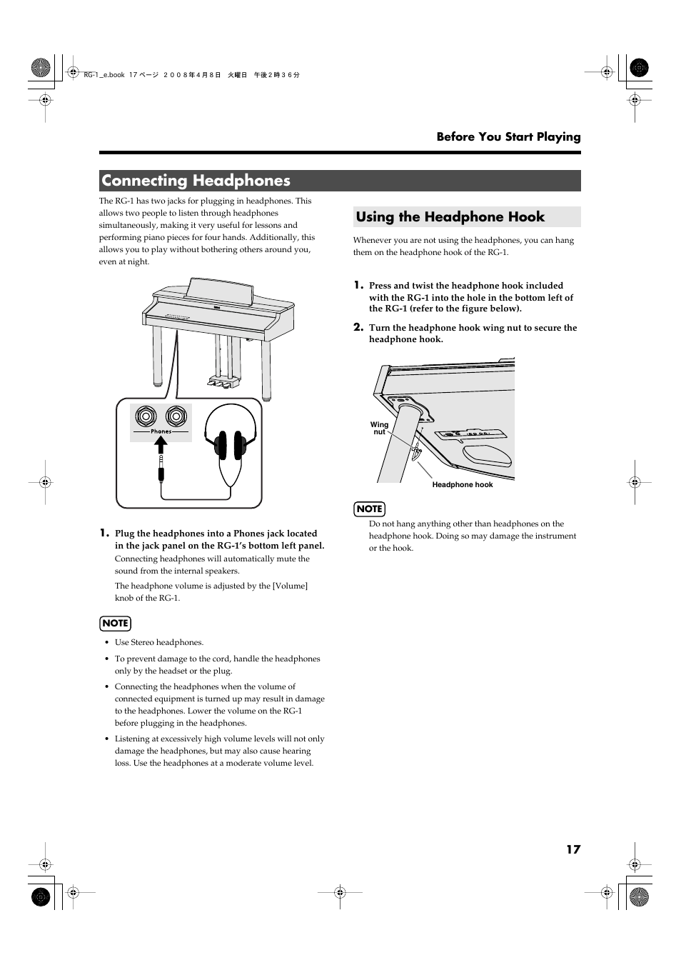 Connecting headphones, Using the headphone hook, Connect the headphones here (p. 17) | Roland RG-1 User Manual | Page 19 / 104