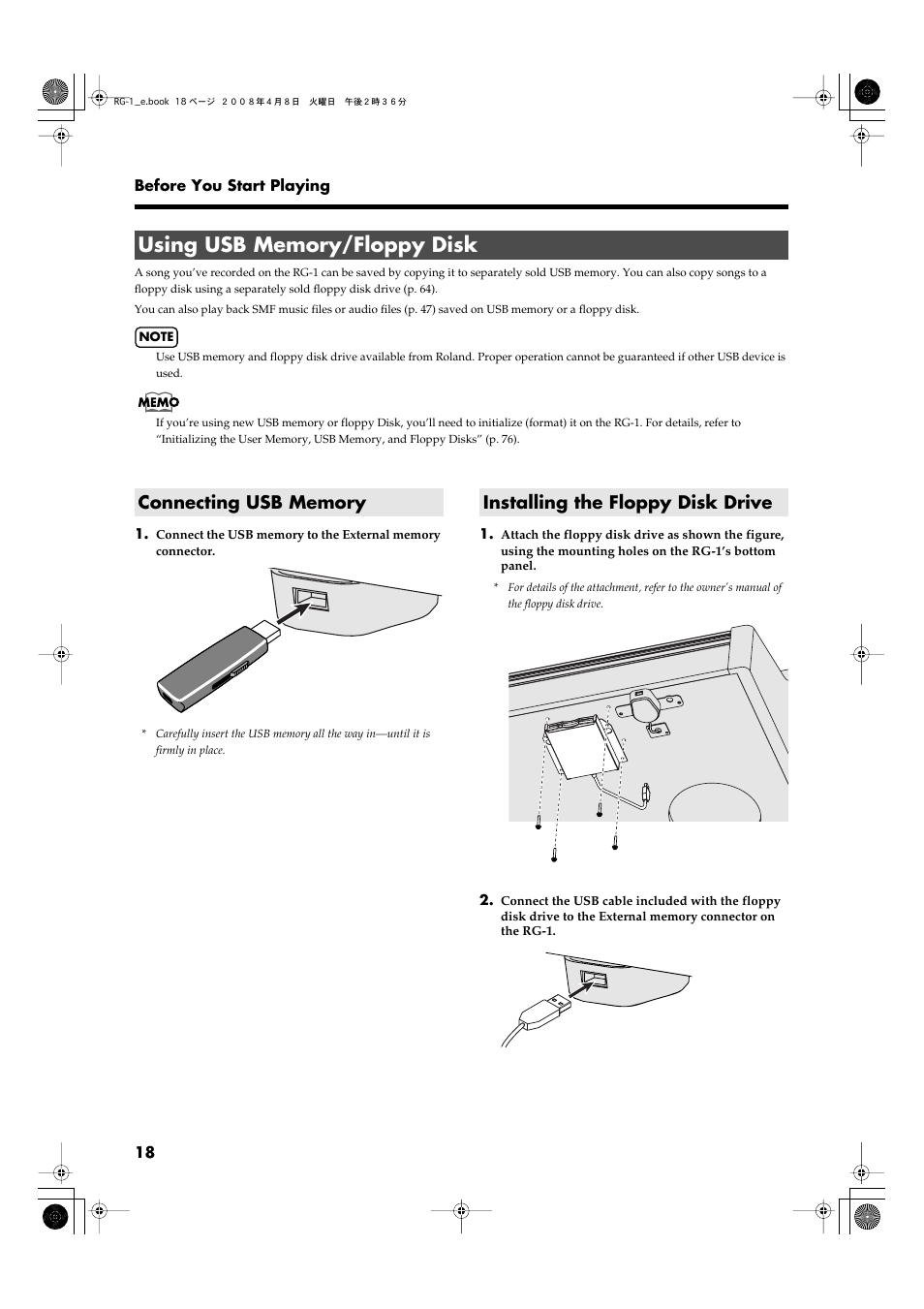 Using usb memory/floppy disk, Connecting usb memory, Installing the floppy disk drive | Roland RG-1 User Manual | Page 20 / 104