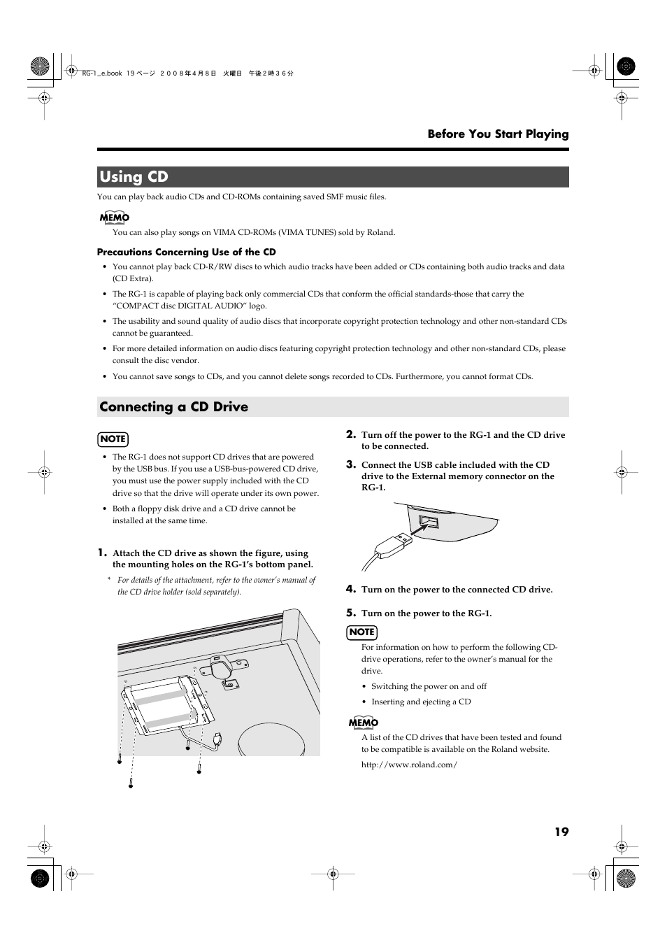 Using cd, Connecting a cd drive | Roland RG-1 User Manual | Page 21 / 104