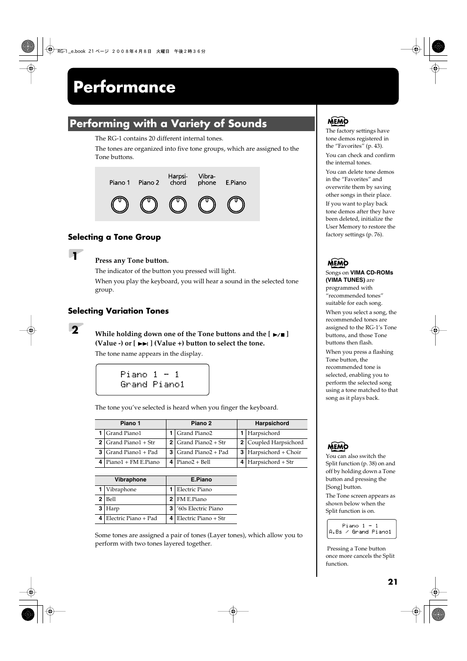 Performance, Performing with a variety of sounds, Groups) played by the keyboard (p. 21) | Roland RG-1 User Manual | Page 23 / 104