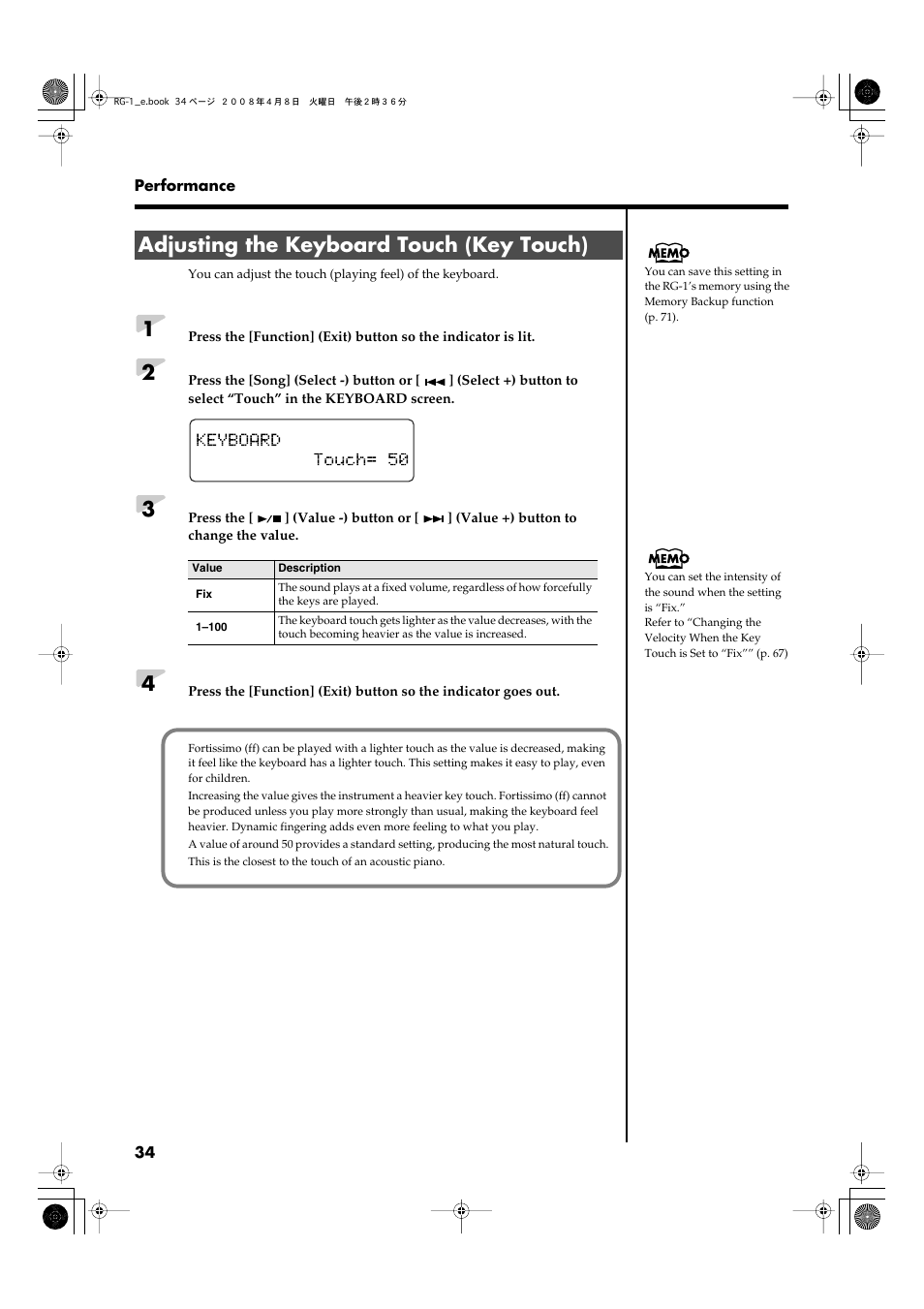 Adjusting the keyboard touch (key touch) | Roland RG-1 User Manual | Page 36 / 104