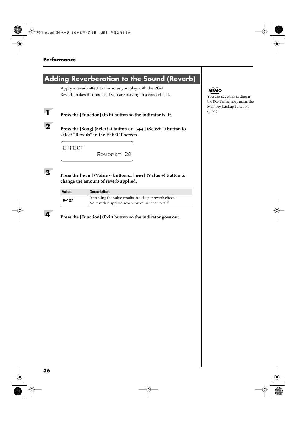 Adding reverberation to the sound (reverb) | Roland RG-1 User Manual | Page 38 / 104