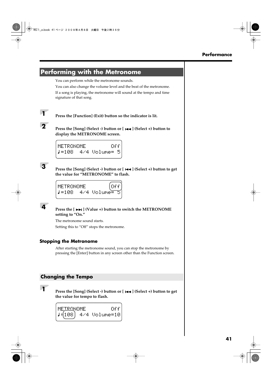 Performing with the metronome, Changing the tempo | Roland RG-1 User Manual | Page 43 / 104