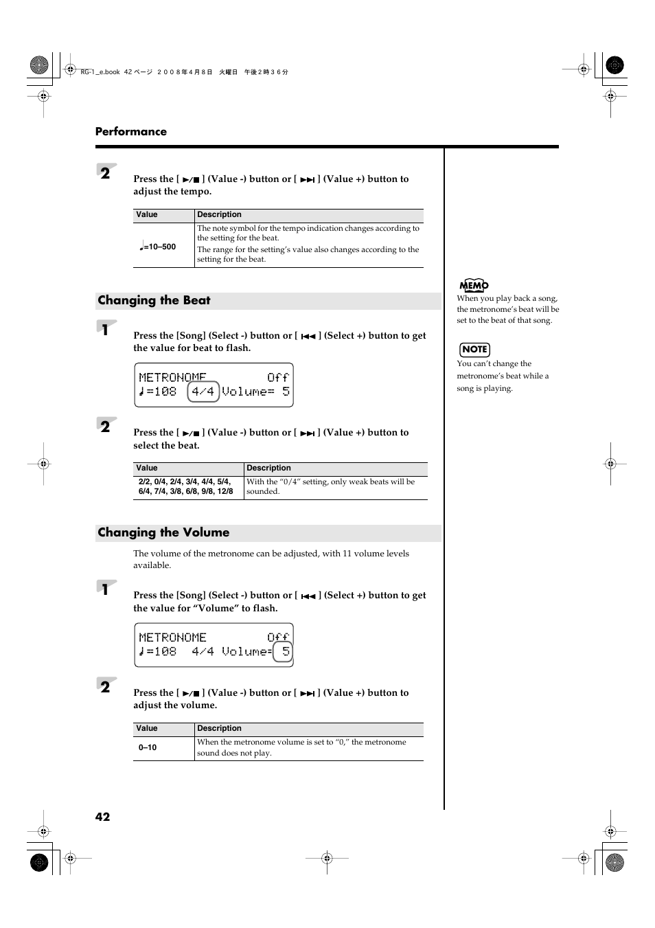 Changing the beat, Changing the volume, Changing the beat changing the volume | Roland RG-1 User Manual | Page 44 / 104