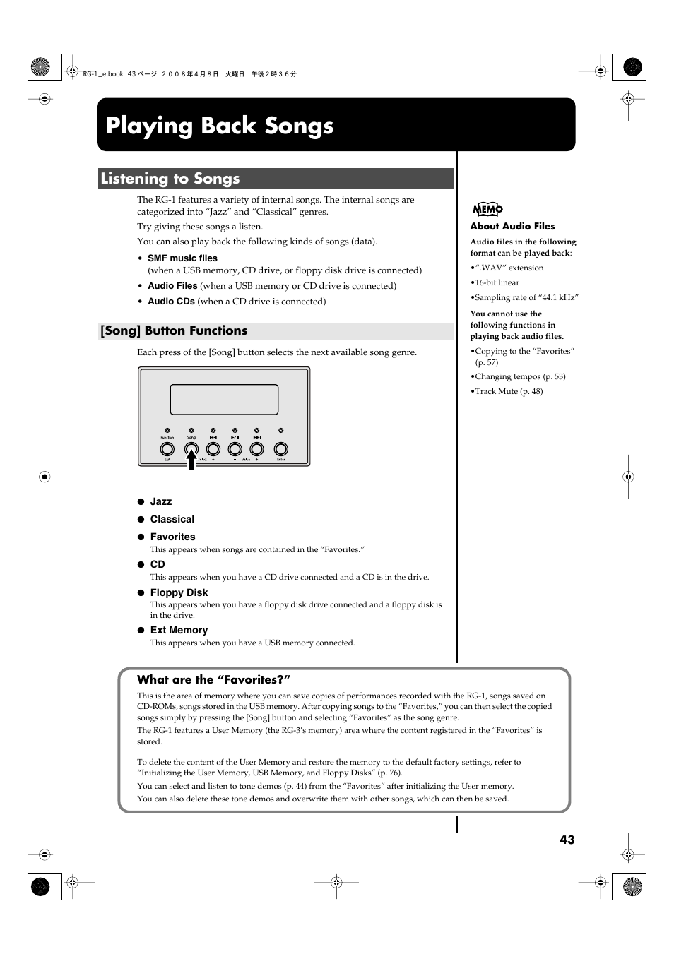 Playing back songs, Listening to songs, Song] button functions | The song select screen is displayed (p. 43) | Roland RG-1 User Manual | Page 45 / 104