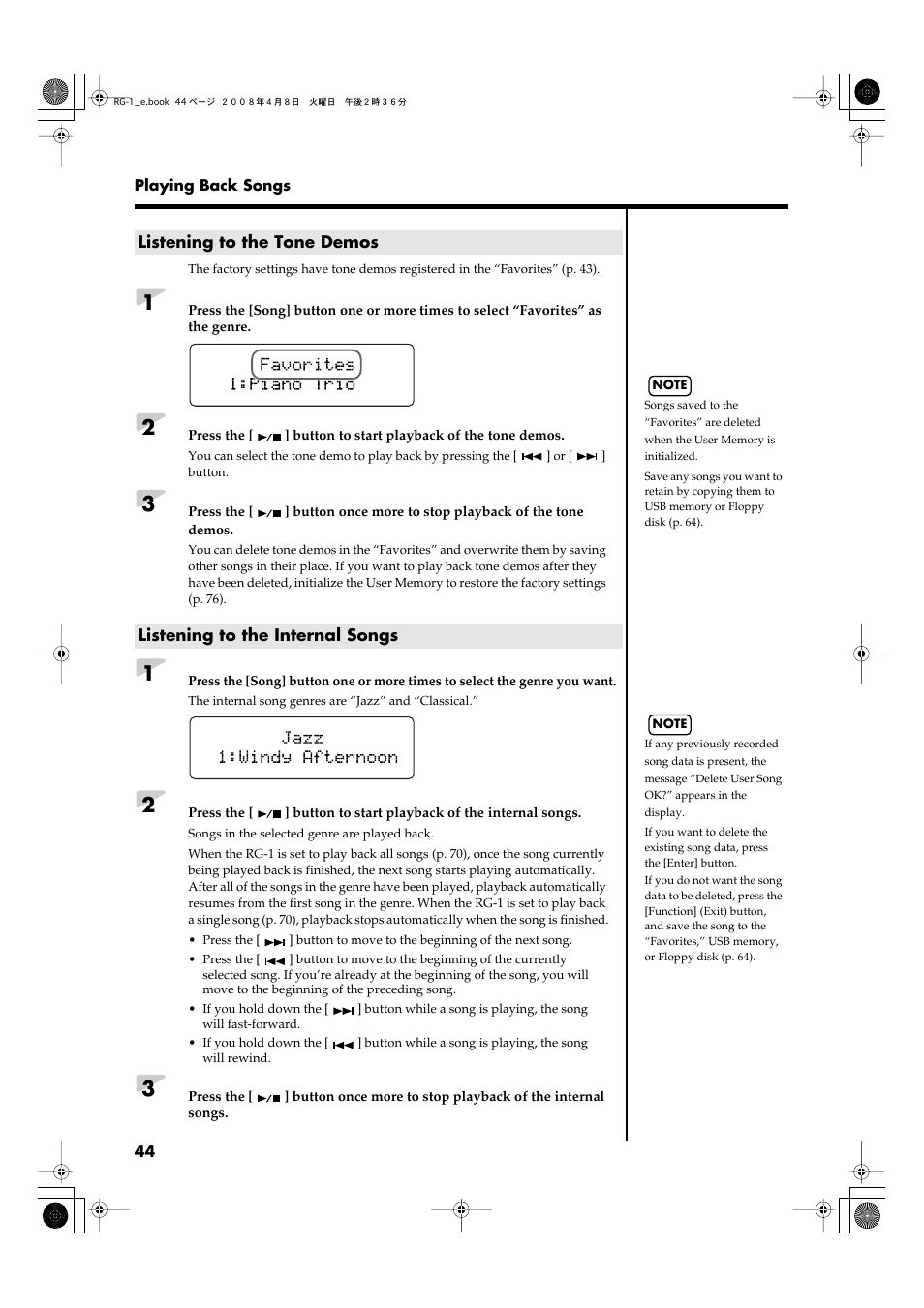 Listening to the tone demos, Listening to the internal songs | Roland RG-1 User Manual | Page 46 / 104