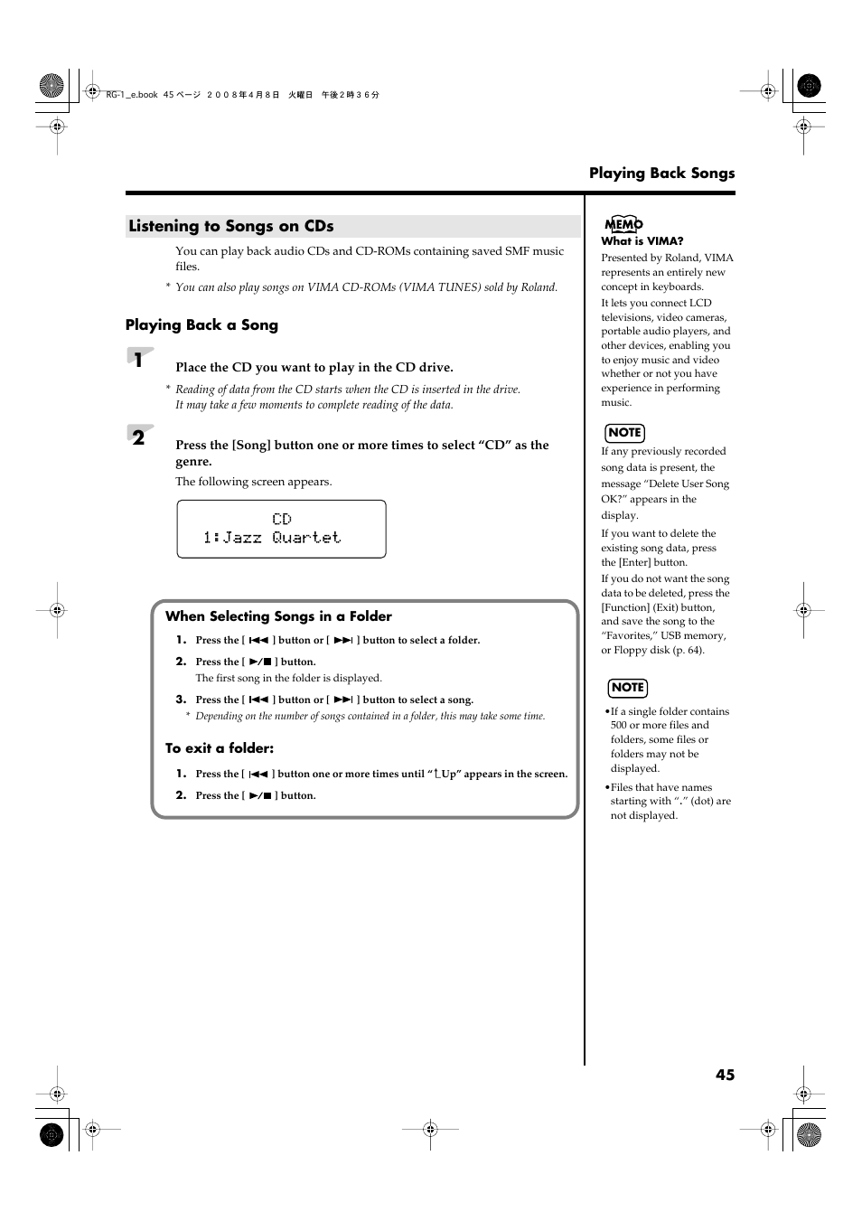 Listening to songs on cds | Roland RG-1 User Manual | Page 47 / 104