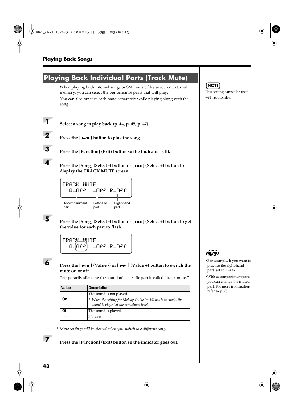 Playing back individual parts (track mute), Track mute (p. 48) | Roland RG-1 User Manual | Page 50 / 104