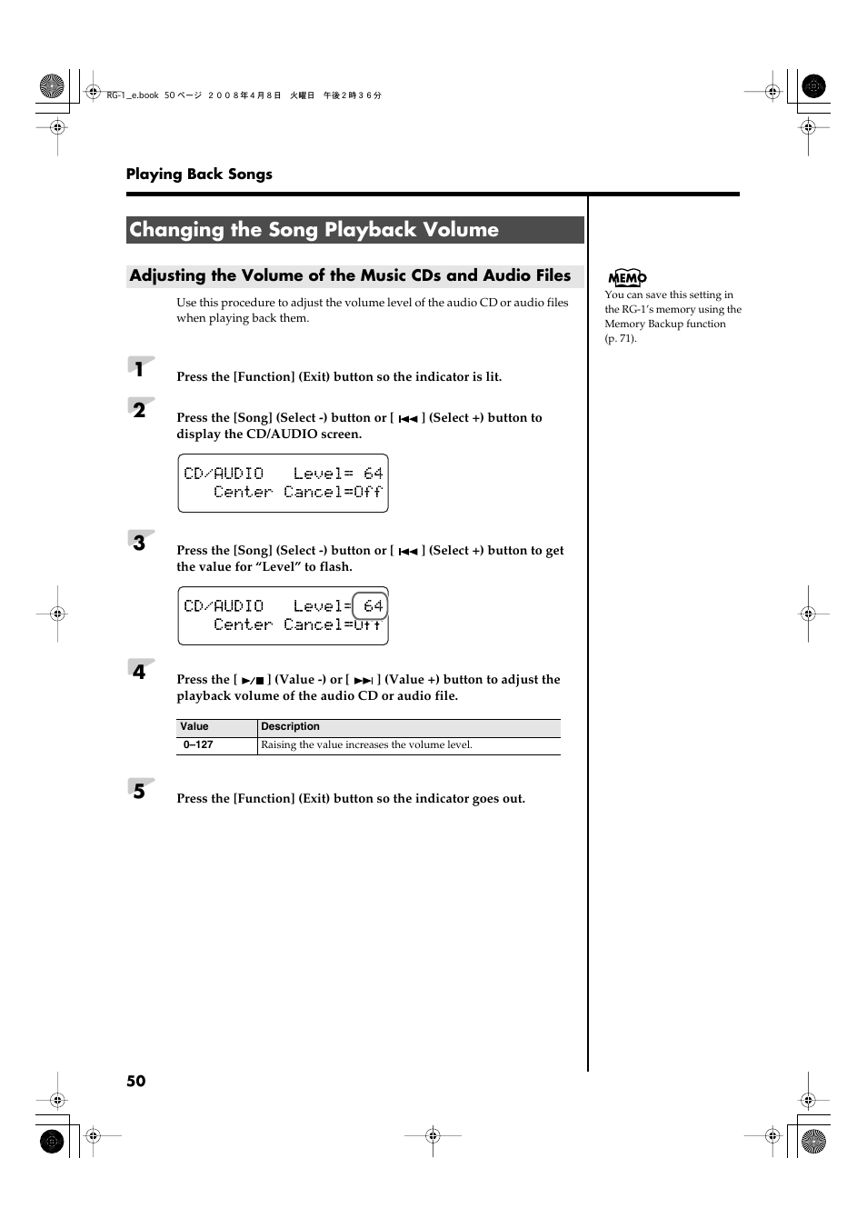 Changing the song playback volume | Roland RG-1 User Manual | Page 52 / 104