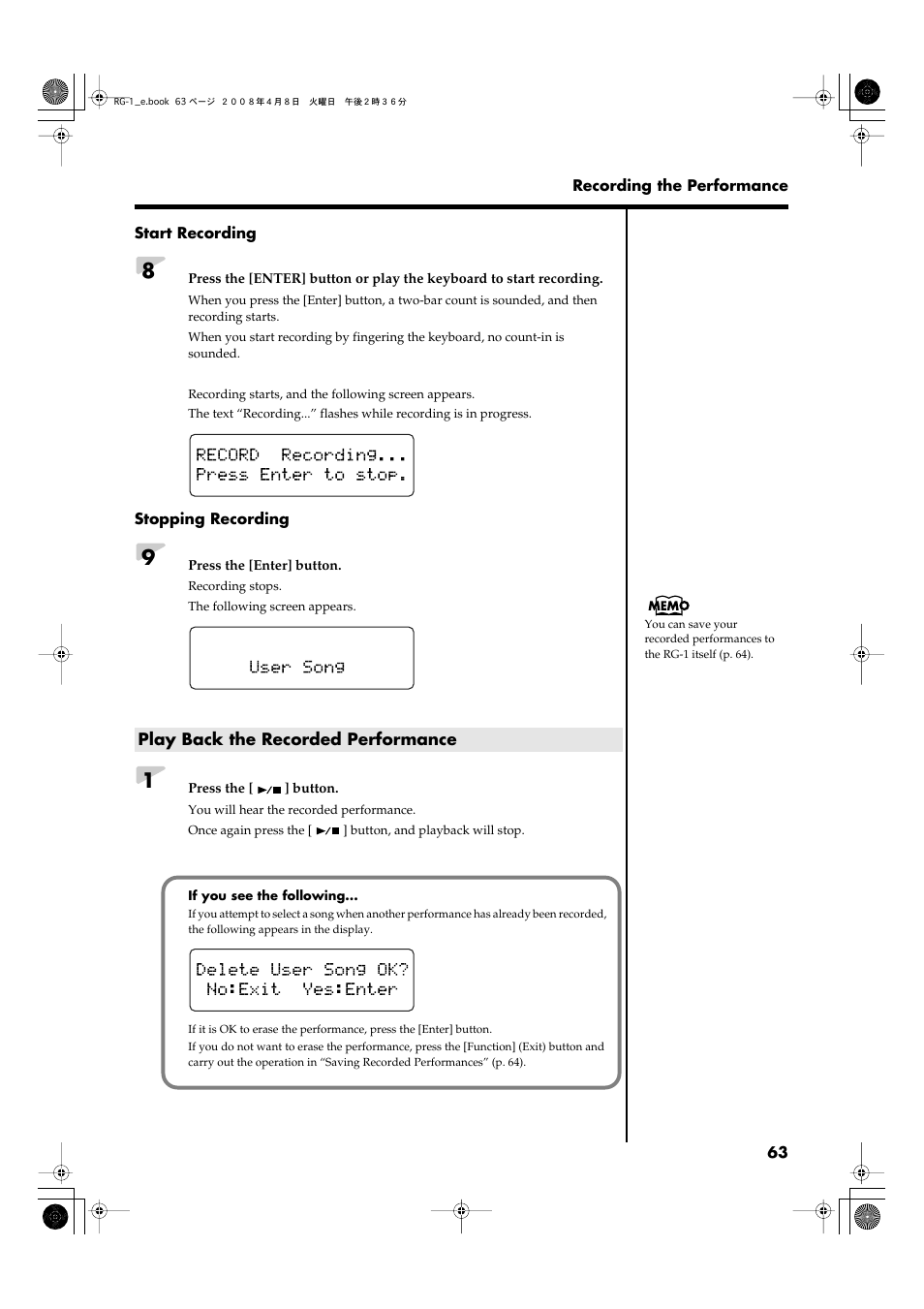 Play back the recorded performance | Roland RG-1 User Manual | Page 65 / 104