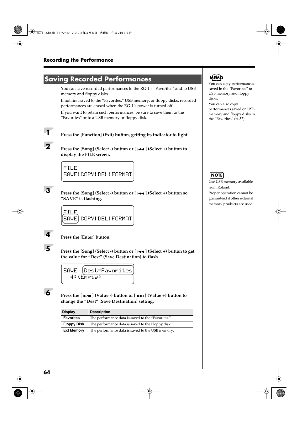 Saving recorded performances, Recorded on the rg-1 (p. 64), Disk (p. 64) | Or floppy disk (p. 64), Disks (p. 64) | Roland RG-1 User Manual | Page 66 / 104