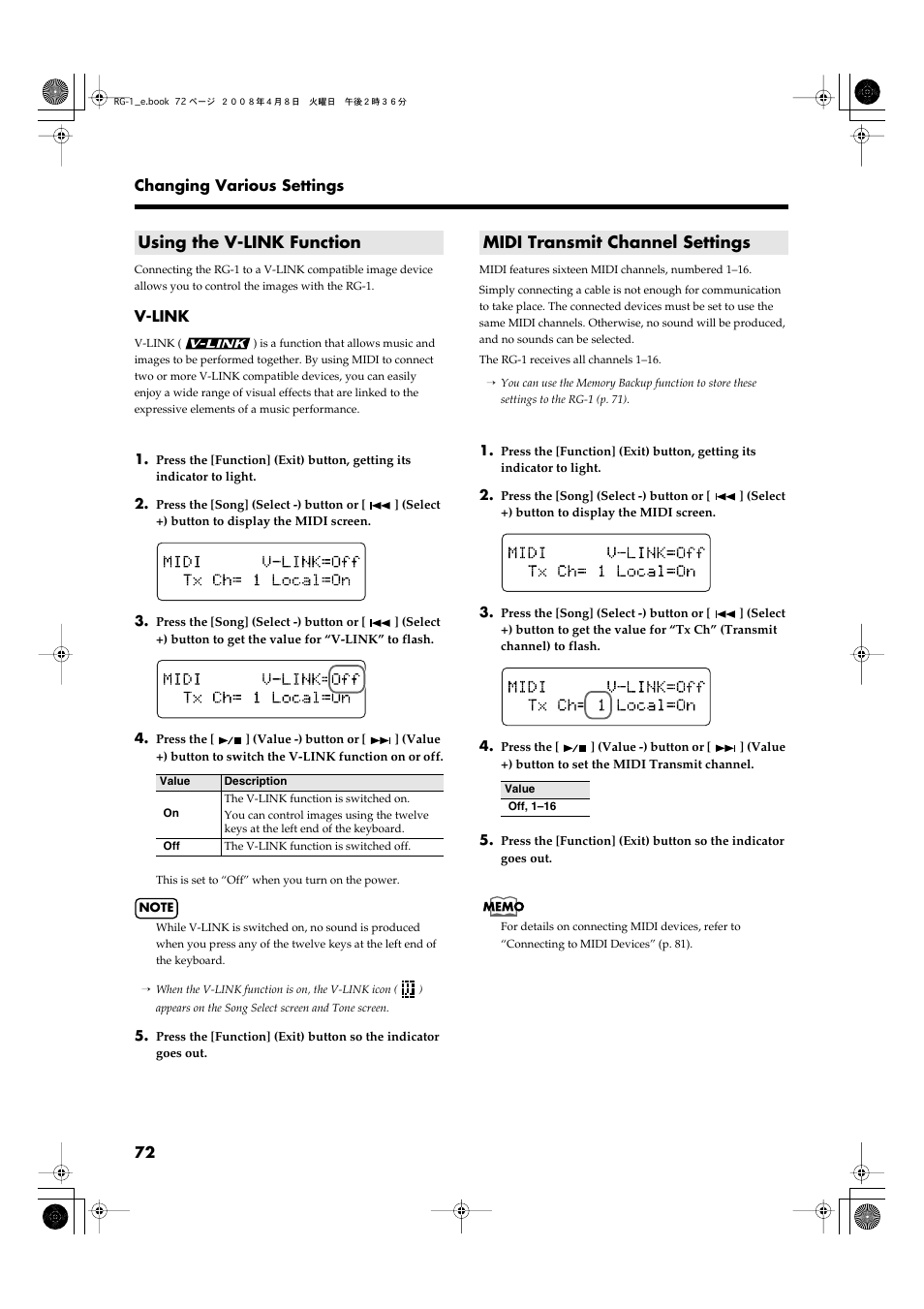 Using the v-link function, Midi transmit channel settings, P. 72 | Roland RG-1 User Manual | Page 74 / 104