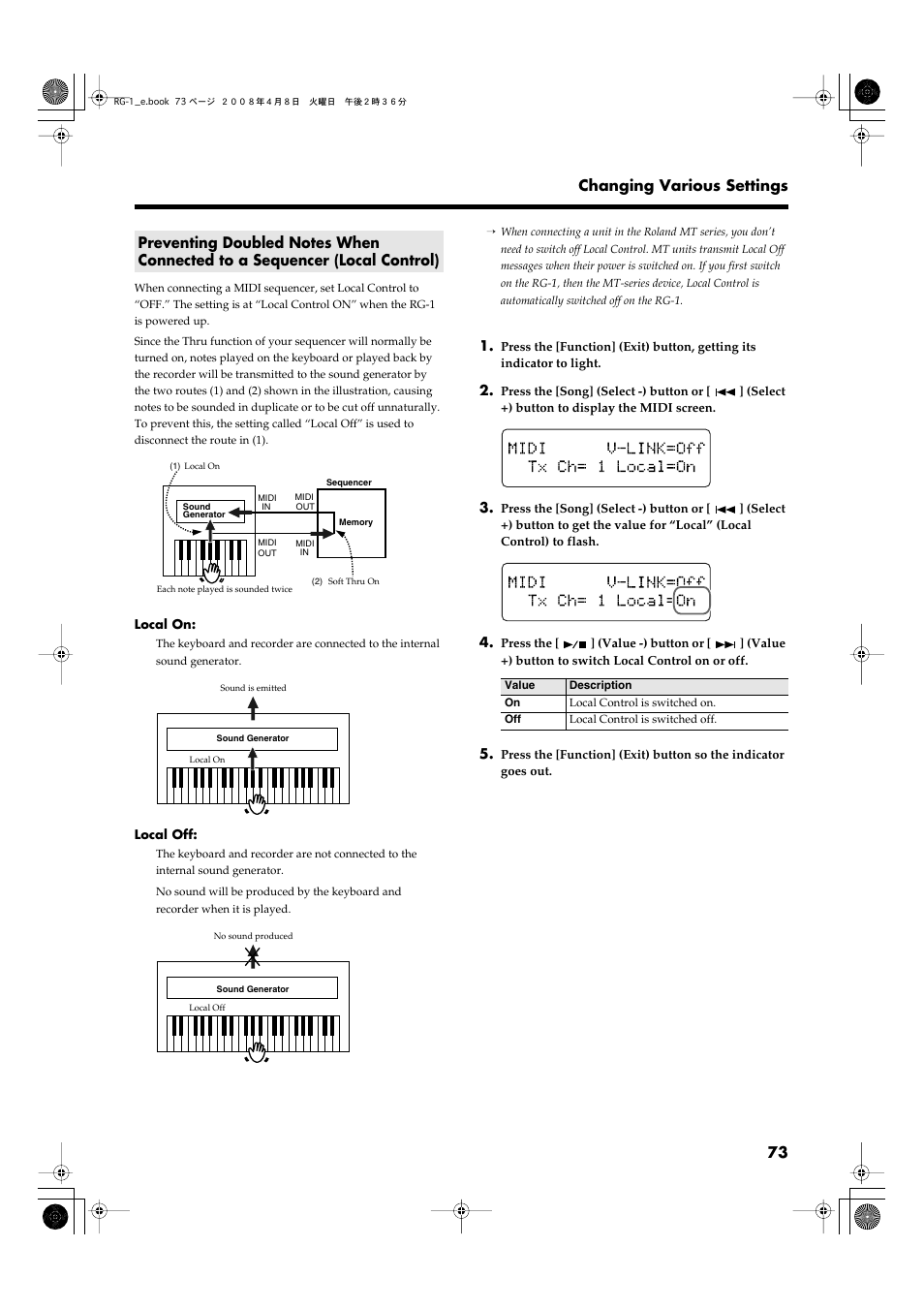 P. 73, 73 changing various settings | Roland RG-1 User Manual | Page 75 / 104