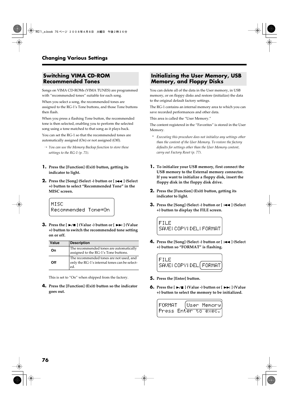 Switching vima cd-rom recommended tones, P. 76), P. 76 | Roland RG-1 User Manual | Page 78 / 104