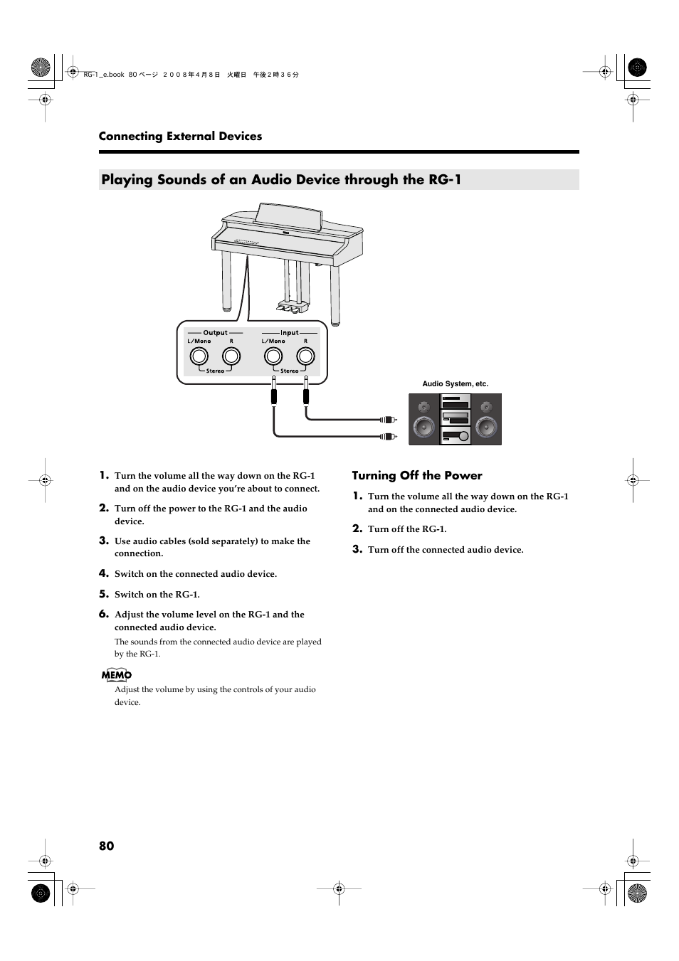 Playing sounds of an audio device through the rg-1, Through the rg-1’s speakers (p. 80) | Roland RG-1 User Manual | Page 82 / 104