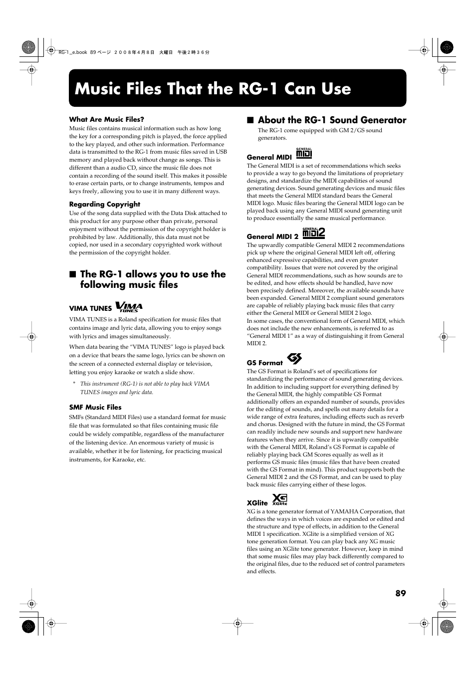 Music files that the rg-1 can use, About the rg-1 sound generator | Roland RG-1 User Manual | Page 91 / 104