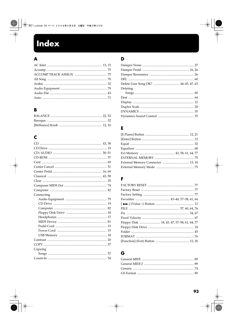 Index | Roland RG-1 User Manual | Page 95 / 104