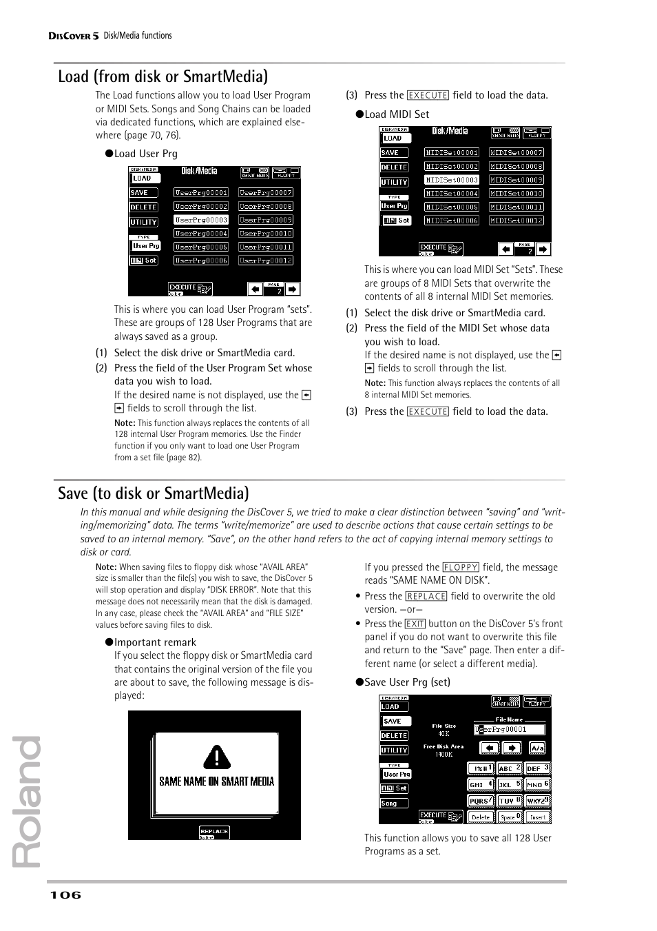 Load (from disk or smartmedia), Save (to disk or smartmedia) | Roland PAINO DISCOVER5 User Manual | Page 108 / 124