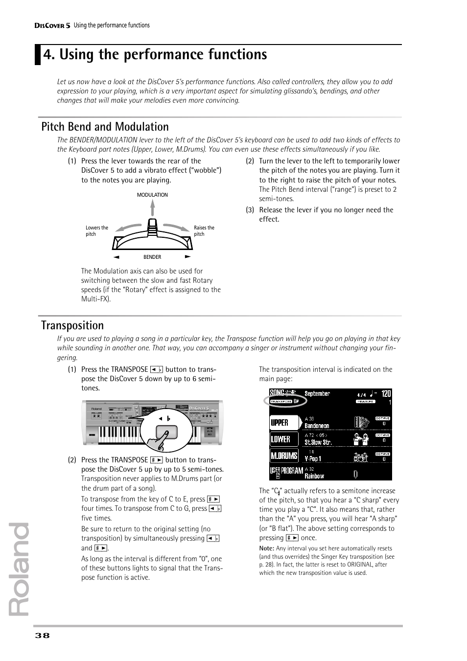 Using the performance functions, Pitch bend and modulation, Transposition | Roland PAINO DISCOVER5 User Manual | Page 40 / 124