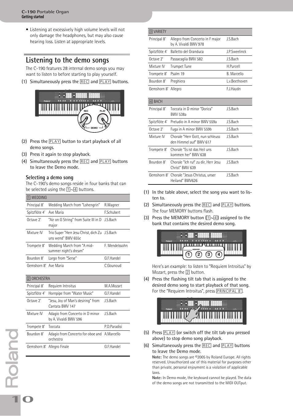 Listening to the demo songs, You activate the c-190’s demo mode (see p. 10) | Roland C-190 User Manual | Page 10 / 152