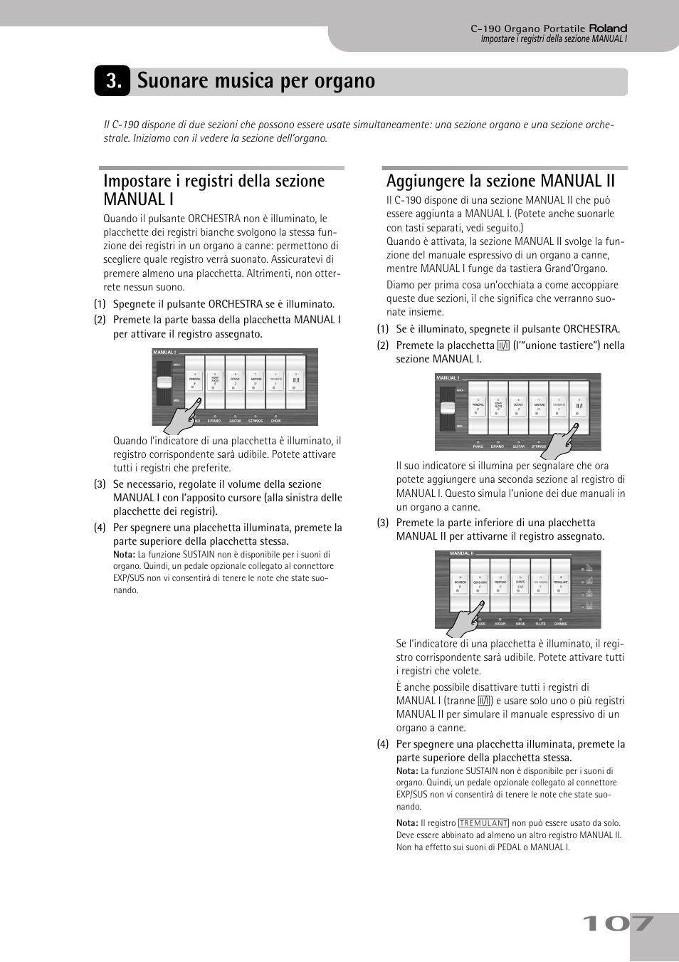 Suonare musica per organo, Impostare i registri della sezione manual i, Aggiungere la sezione manual ii | 107 3. suonare musica per organo | Roland C-190 User Manual | Page 107 / 152