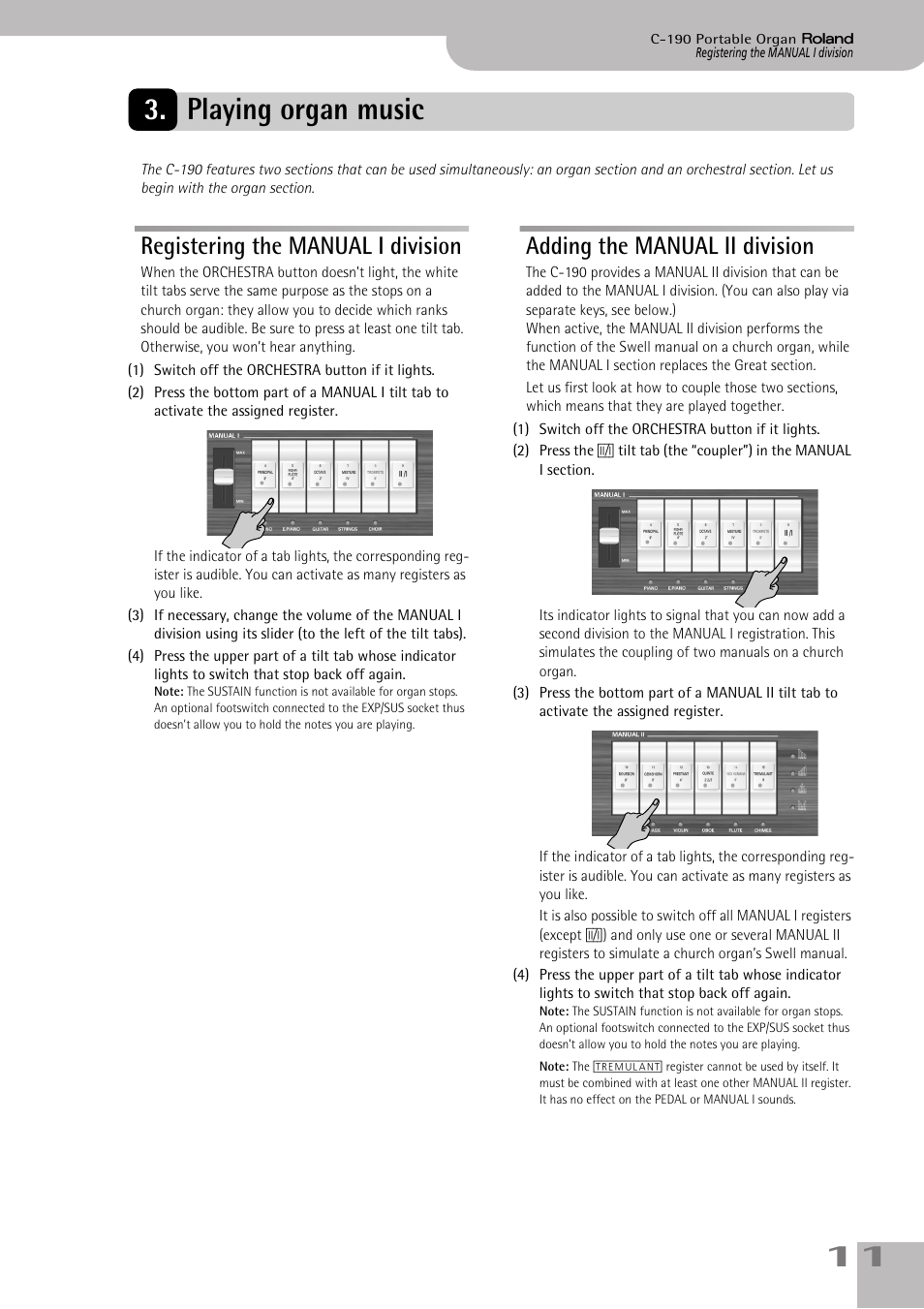 Playing organ music, Registering the manual i division, Adding the manual ii division | 11 3. playing organ music | Roland C-190 User Manual | Page 11 / 152