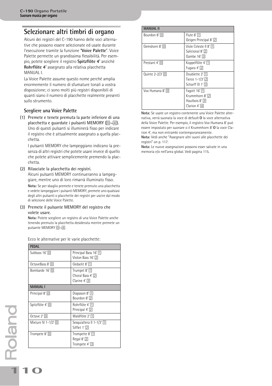 Selezionare altri timbri di organo | Roland C-190 User Manual | Page 110 / 152