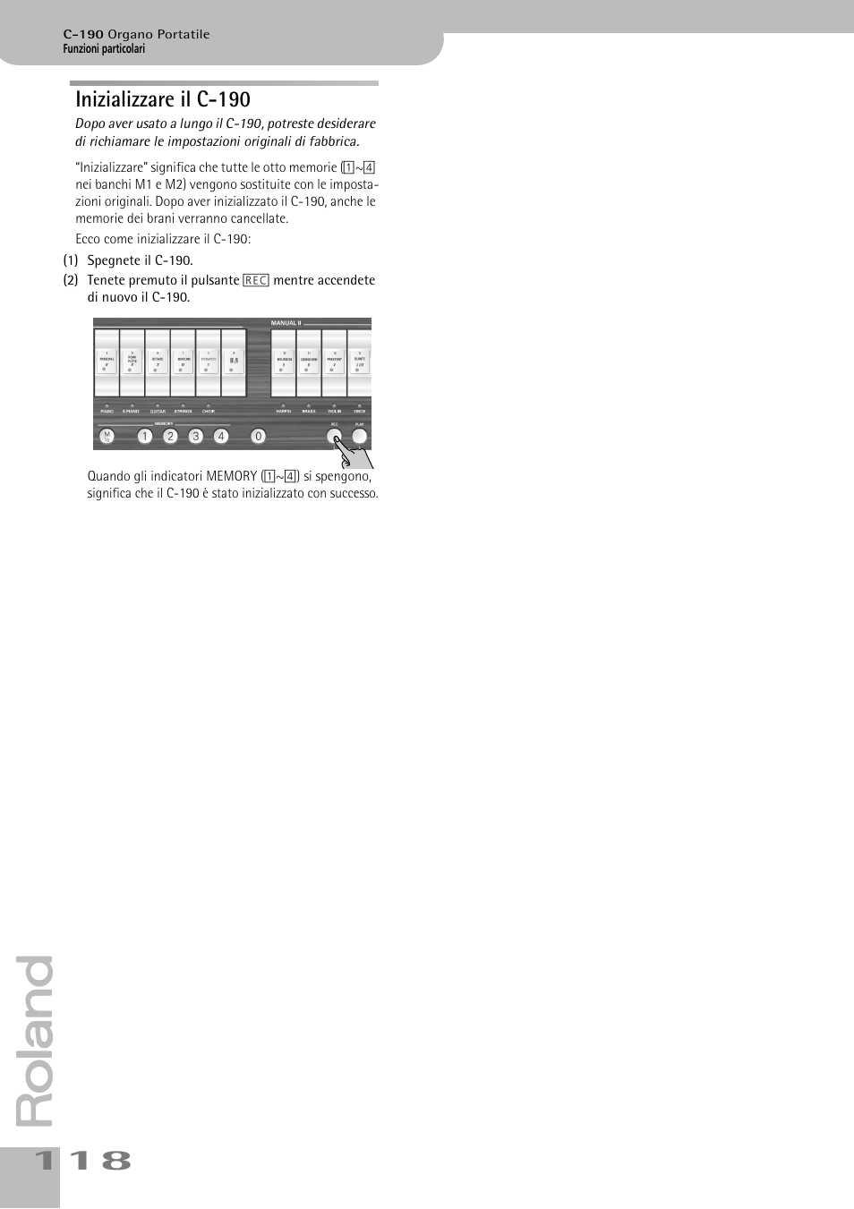 Inizializzare il c190, Inizializzare il c-190 | Roland C-190 User Manual | Page 118 / 152