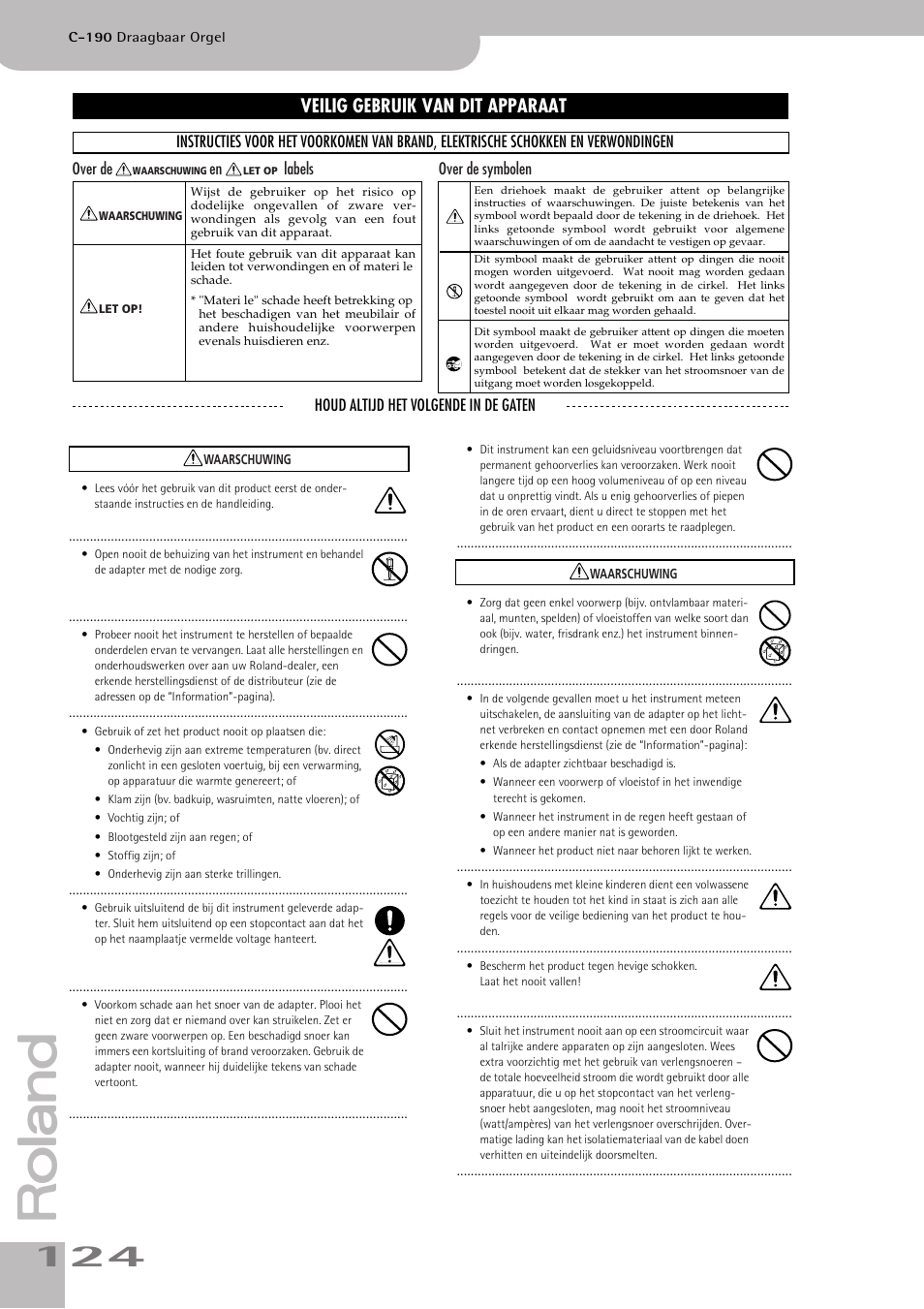 Veilig gebruik van dit apparaat | Roland C-190 User Manual | Page 124 / 152