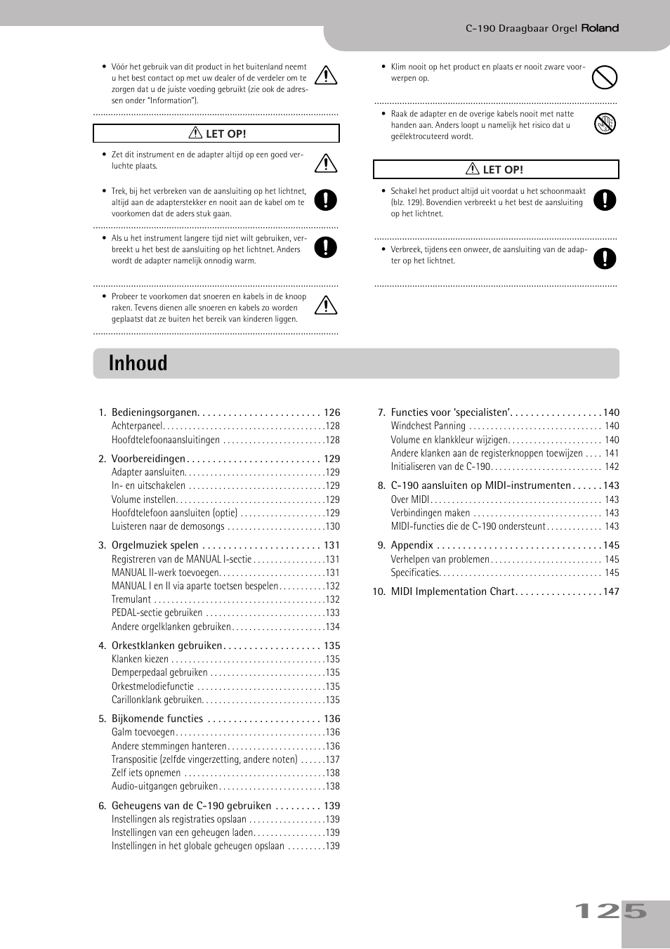Inhoud | Roland C-190 User Manual | Page 125 / 152