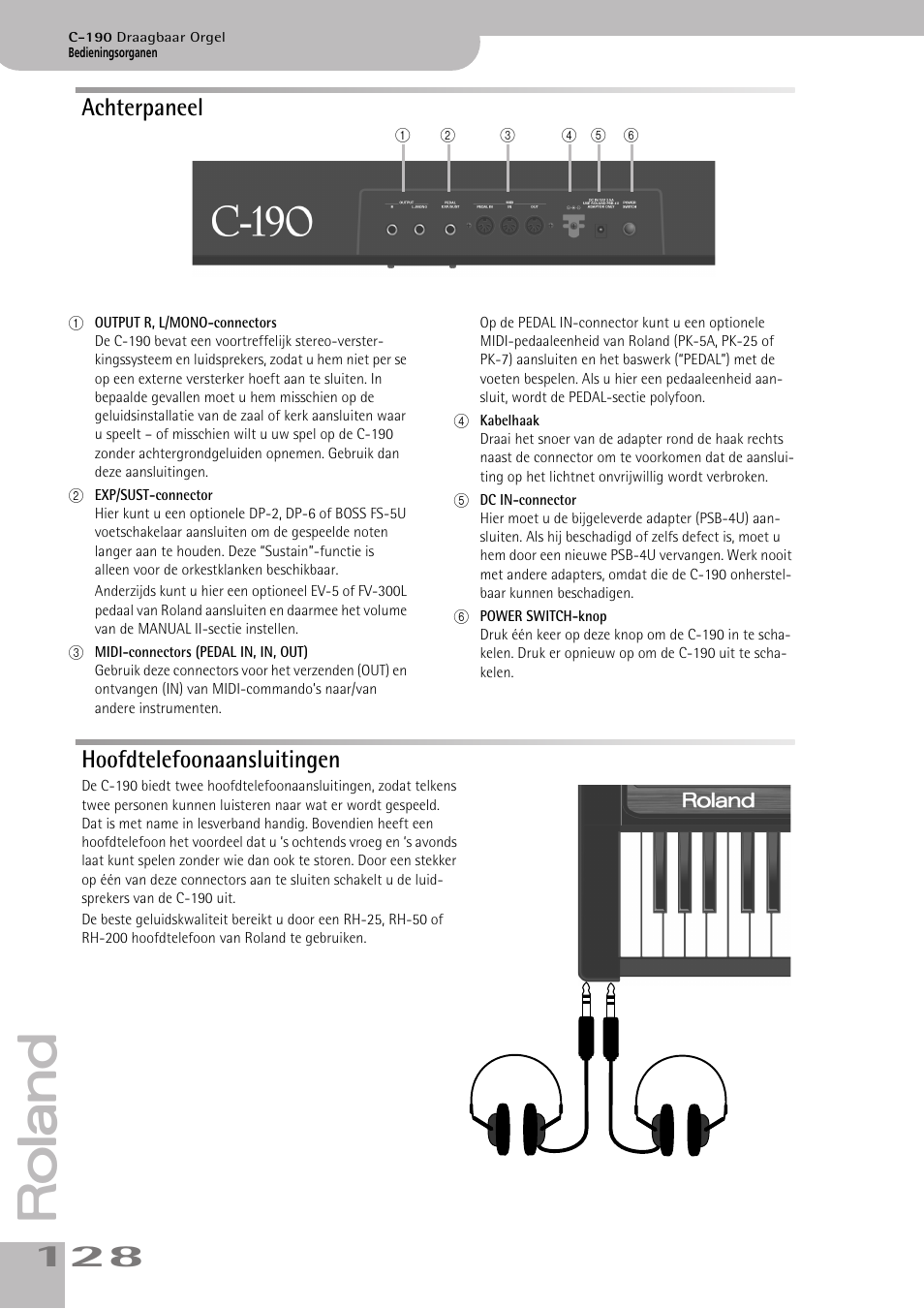 Achterpaneel, Hoofdtelefoonaansluitingen, Achterpaneel hoofdtelefoonaansluitingen | Roland C-190 User Manual | Page 128 / 152
