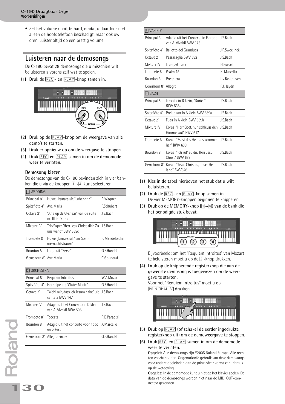 Luisteren naar de demosongs, Functie van de c-190 te activeren (zie blz. 130) | Roland C-190 User Manual | Page 130 / 152