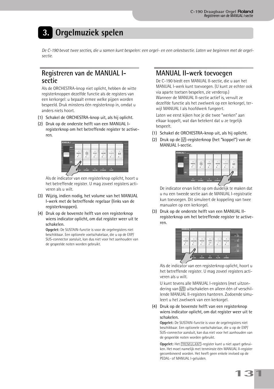 Orgelmuziek spelen, Registreren van de manual i- sectie, Manual ii-werk toevoegen | 131 3. orgelmuziek spelen | Roland C-190 User Manual | Page 131 / 152
