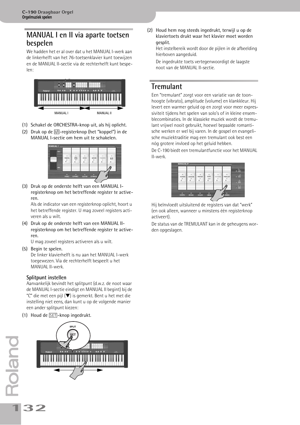 Manual i en ii via aparte toetsen bespelen, Tremulant, Blz. 132 en 139 | Zie blz. 132) | Roland C-190 User Manual | Page 132 / 152