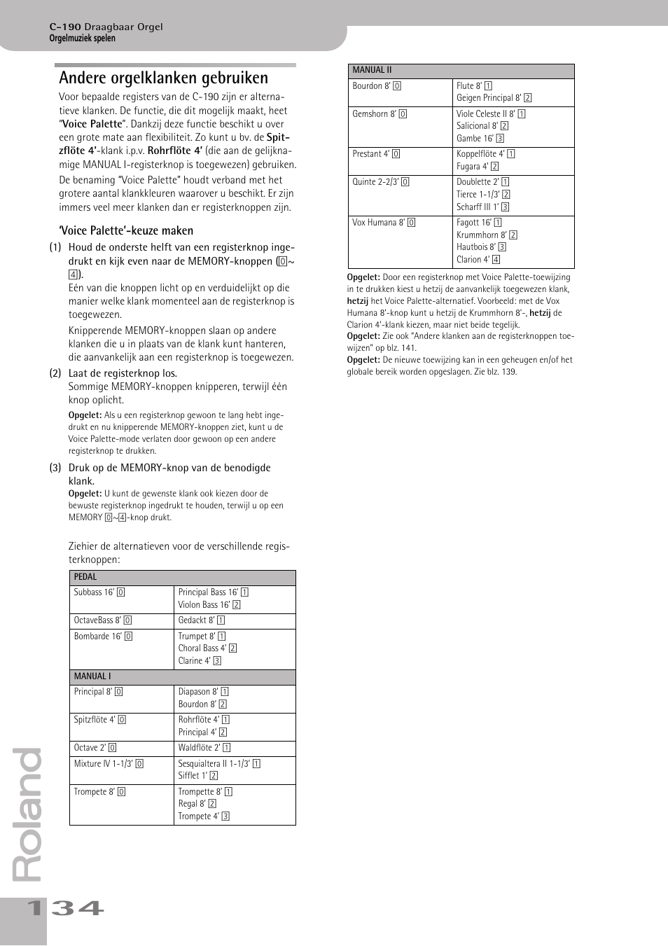 Andere orgelklanken gebruiken | Roland C-190 User Manual | Page 134 / 152