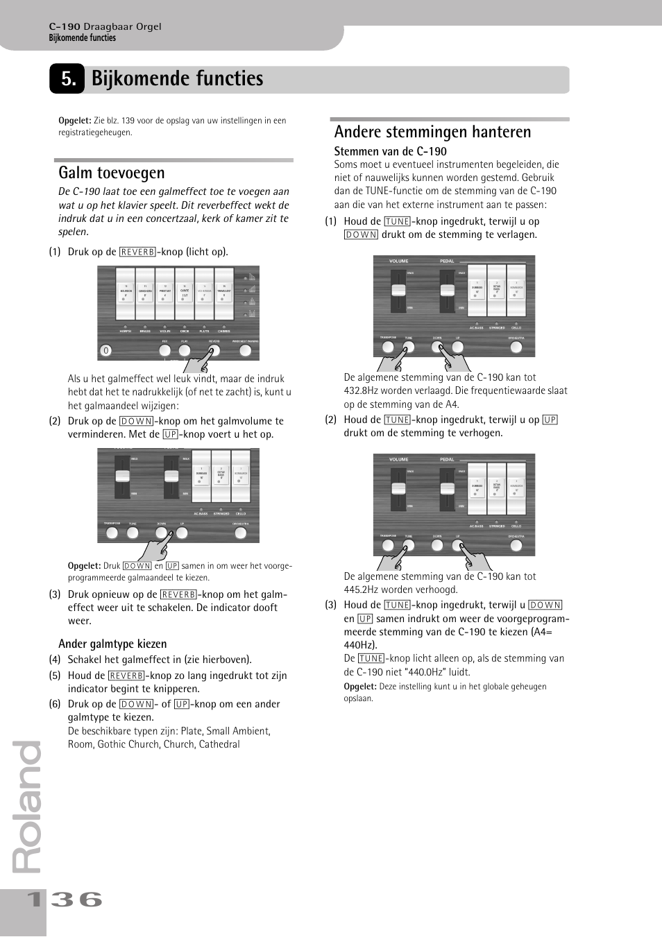 Bijkomende functies, Galm toevoegen, Andere stemmingen hanteren | Galm toevoegen andere stemmingen hanteren | Roland C-190 User Manual | Page 136 / 152