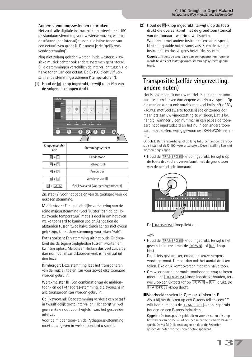 Transpositie (zelfde vingerzetting, andere noten), Zie blz. 137 | Roland C-190 User Manual | Page 137 / 152
