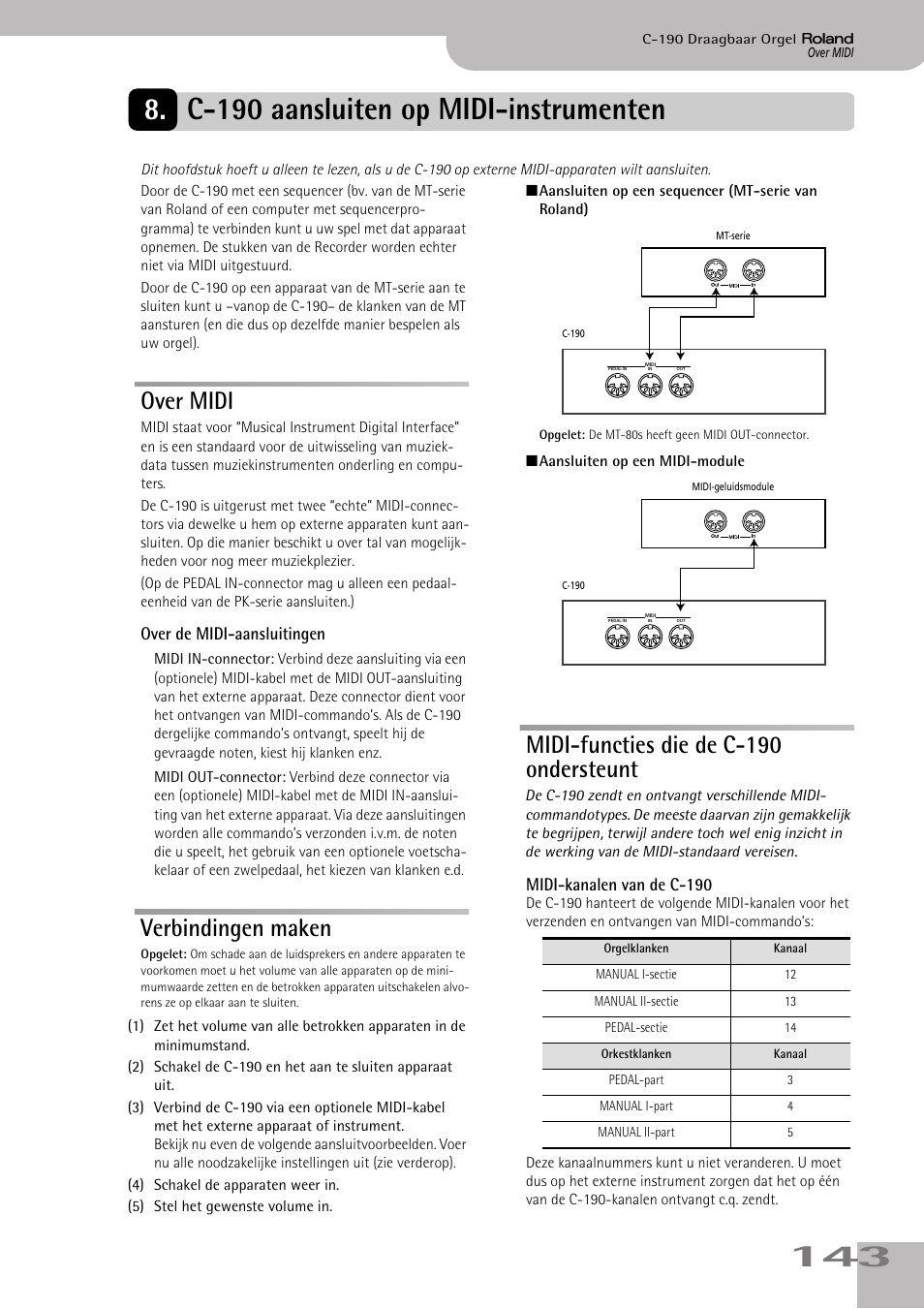 C190 aansluiten op midi-instrumenten, Over midi, Verbindingen maken | Midi-functies die de c190 ondersteunt, C-190 aansluiten op midi-instrumenten, Midi-functies die de c-190 ondersteunt | Roland C-190 User Manual | Page 143 / 152