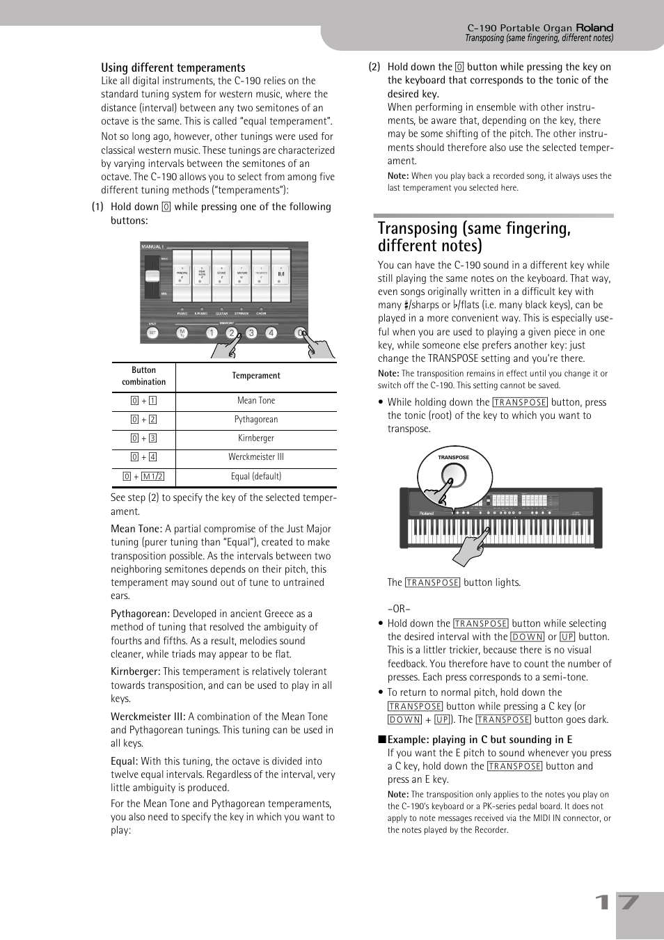 Transposing (same fingering, different notes), See p. 17 | Roland C-190 User Manual | Page 17 / 152