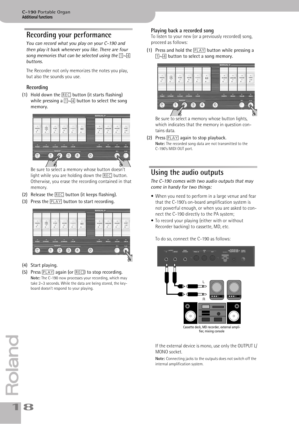 Recording your performance, Using the audio outputs, Recording your performance using the audio outputs | Song memories. see p. 18 | Roland C-190 User Manual | Page 18 / 152